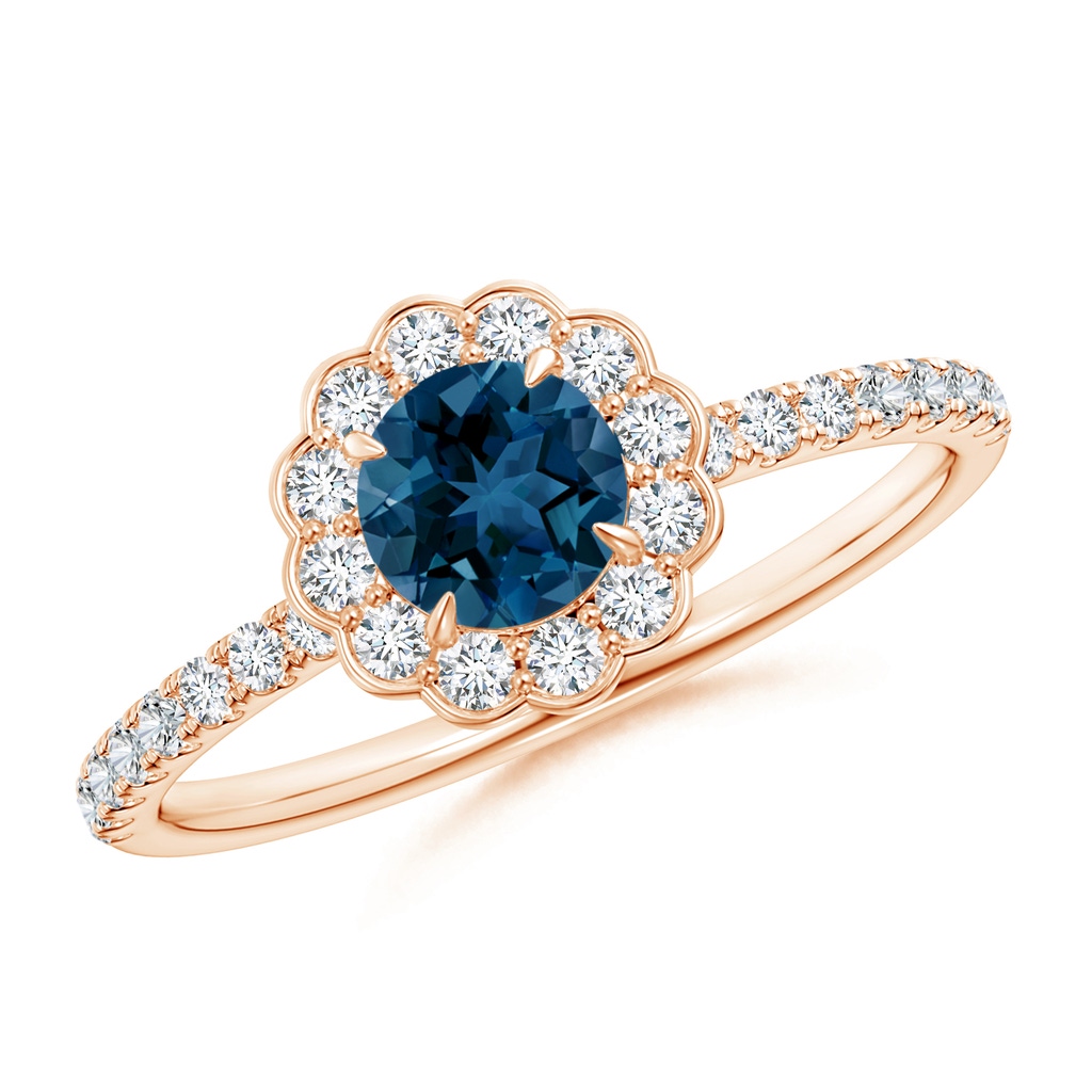 5mm AAA Vintage Style London Blue Topaz Flower Ring with Diamonds in Rose Gold