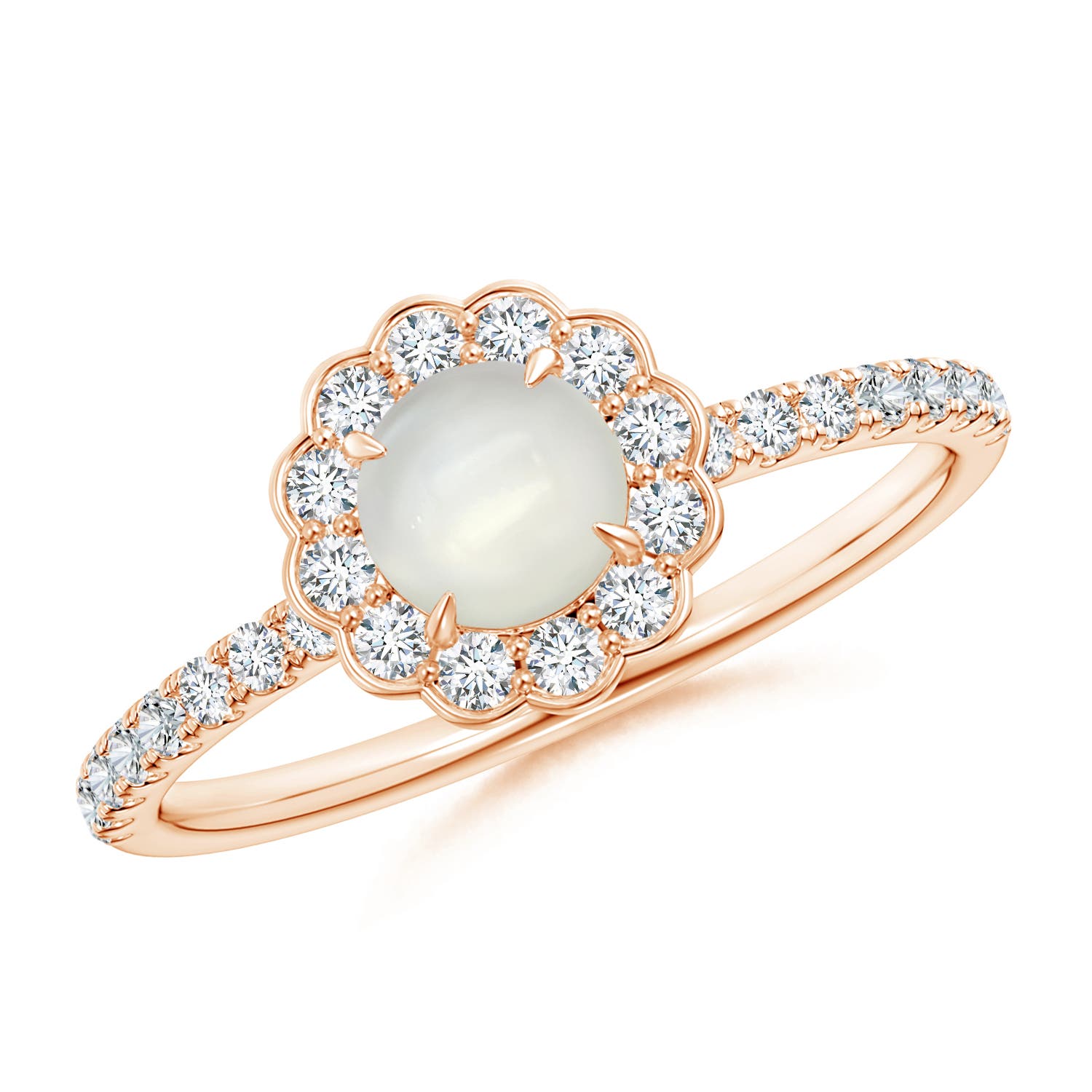 5mm AAAA Vintage Style Moonstone Flower Ring with Diamond Accents in 18CT Rose Gold