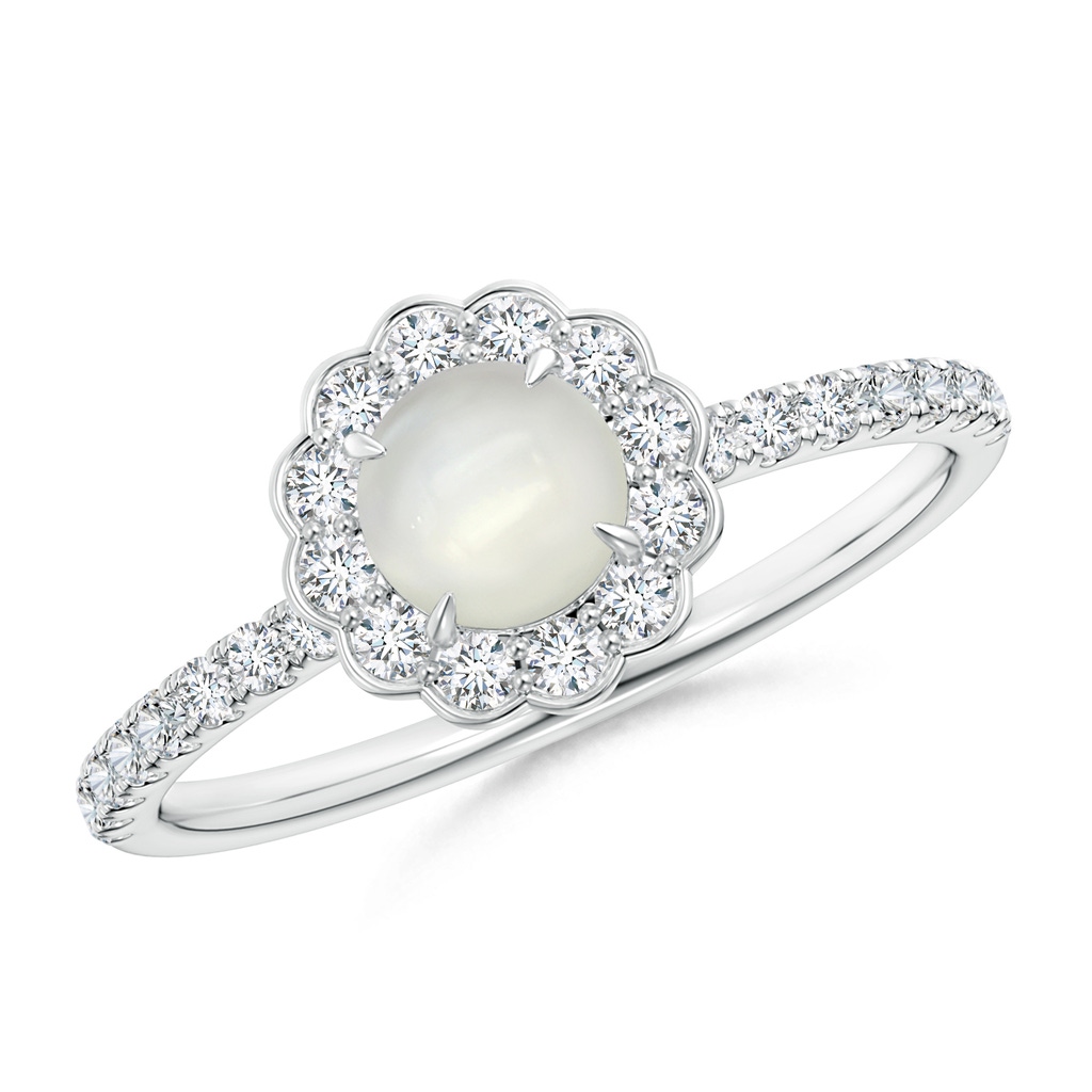 5mm AAAA Vintage Style Moonstone Flower Ring with Diamond Accents in White Gold