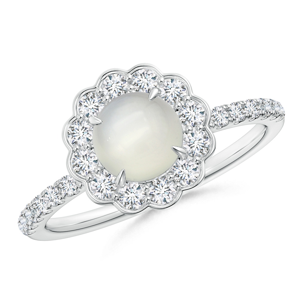 6mm AAA Vintage Style Moonstone Flower Ring with Diamond Accents in White Gold