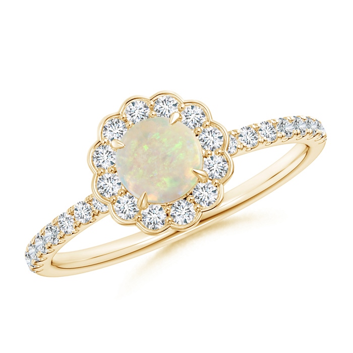 5mm AAA Vintage Style Opal Flower Ring with Diamond Accents in 10K Yellow Gold