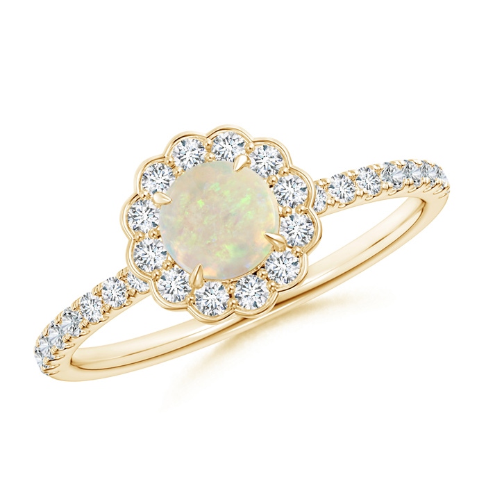 5mm AAA Vintage Style Opal Flower Ring with Diamond Accents in 10K Yellow Gold 