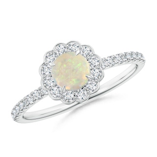 5mm AAA Vintage Style Opal Flower Ring with Diamond Accents in 9K White Gold