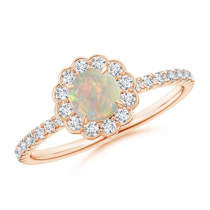 5mm AAAA Vintage Style Opal Flower Ring with Diamond Accents in Rose Gold
