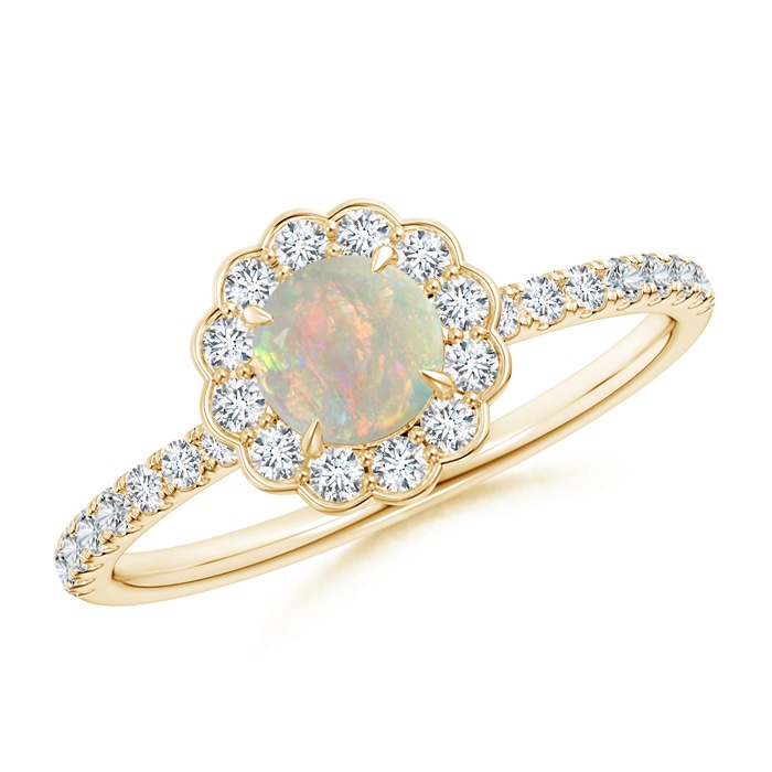 5mm AAAA Vintage Style Opal Flower Ring with Diamond Accents in Yellow Gold 