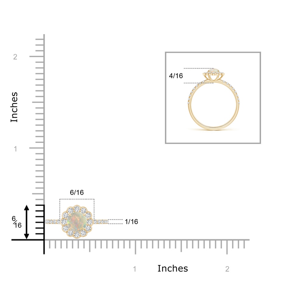 5mm AAAA Vintage Style Opal Flower Ring with Diamond Accents in Yellow Gold ruler
