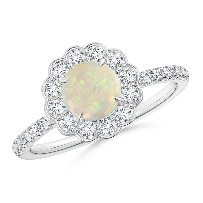 6mm AAA Vintage Style Opal Flower Ring with Diamond Accents in White Gold 