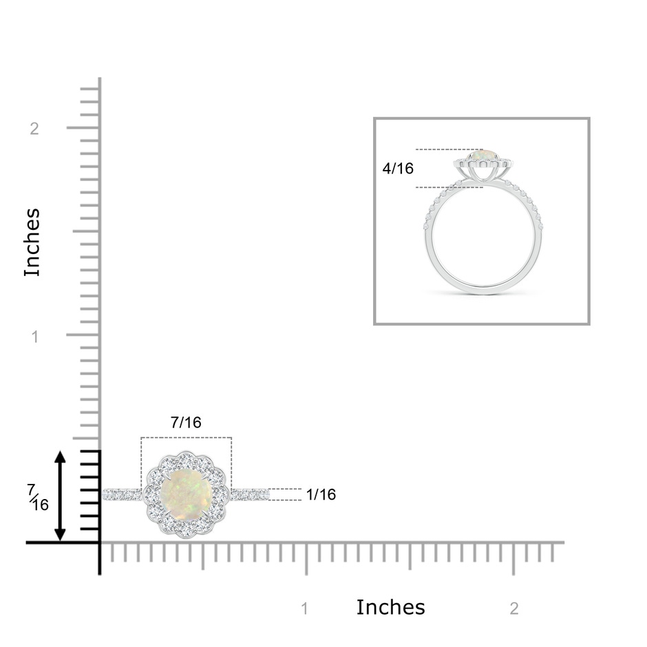 6mm AAA Vintage Style Opal Flower Ring with Diamond Accents in White Gold ruler