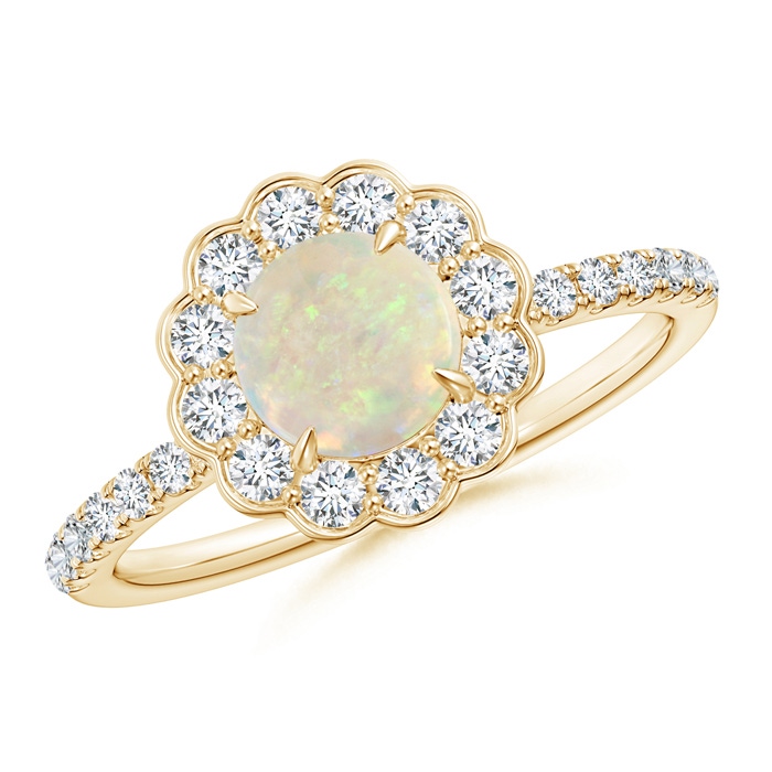 6mm AAA Vintage Style Opal Flower Ring with Diamond Accents in Yellow Gold 