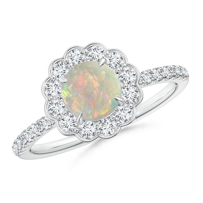 6mm AAAA Vintage Style Opal Flower Ring with Diamond Accents in White Gold 
