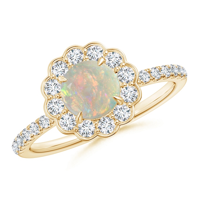 6mm AAAA Vintage Style Opal Flower Ring with Diamond Accents in Yellow Gold 