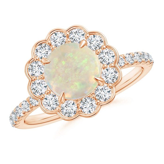 7mm AAA Vintage Style Opal Flower Ring with Diamond Accents in Rose Gold 