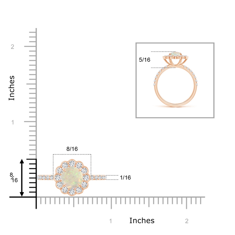 7mm AAA Vintage Style Opal Flower Ring with Diamond Accents in Rose Gold ruler