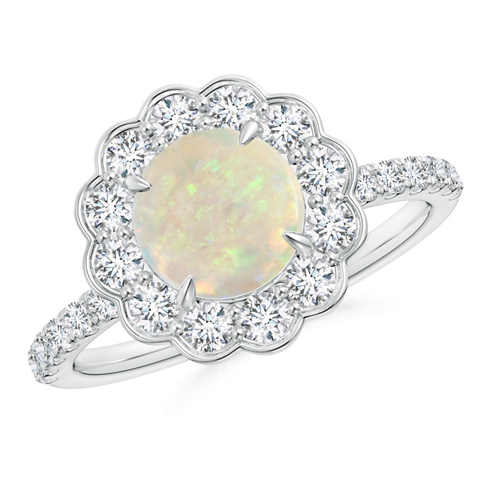 7mm AAA Vintage Style Opal Flower Ring with Diamond Accents in White Gold 
