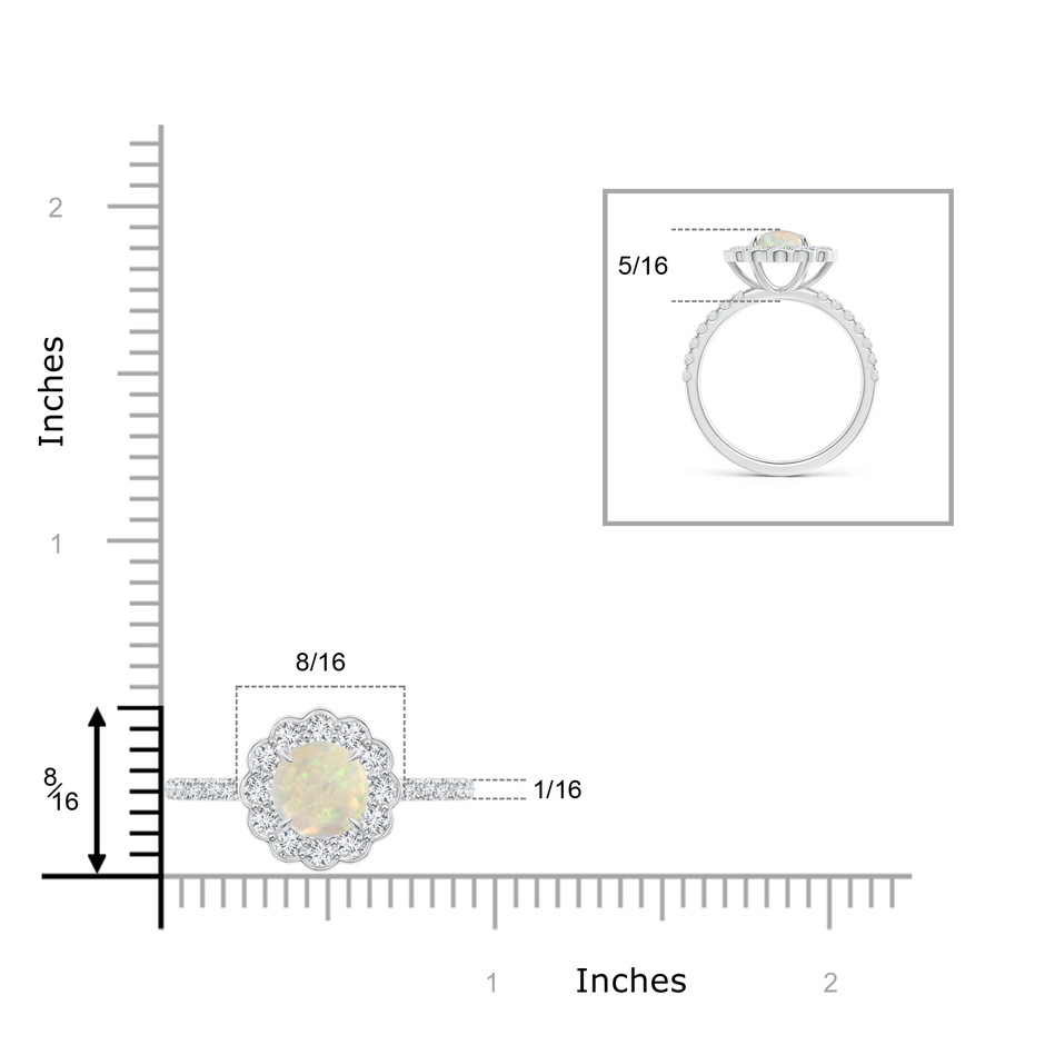 7mm AAA Vintage Style Opal Flower Ring with Diamond Accents in White Gold ruler