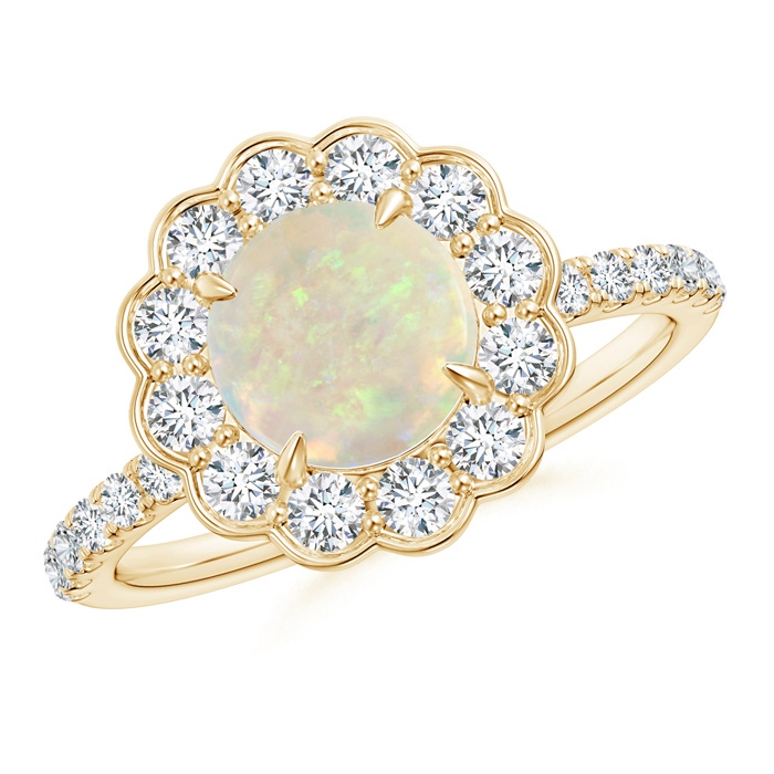 7mm AAA Vintage Style Opal Flower Ring with Diamond Accents in Yellow Gold 