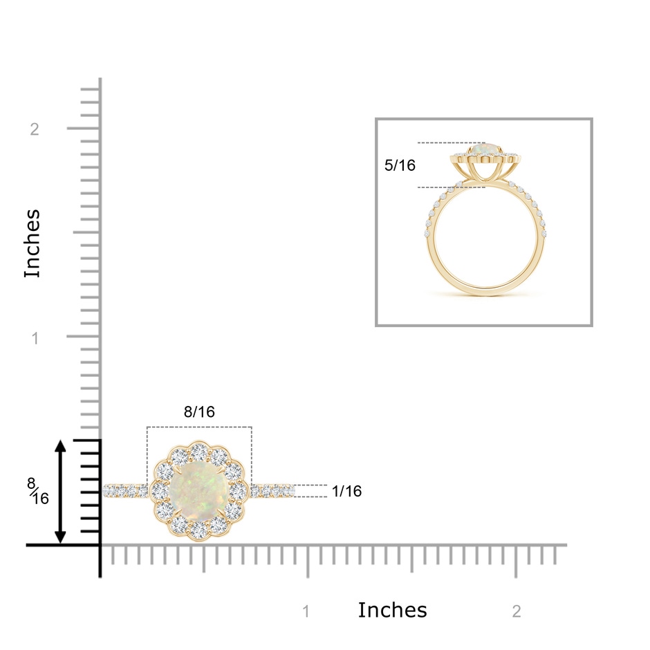 7mm AAA Vintage Style Opal Flower Ring with Diamond Accents in Yellow Gold ruler