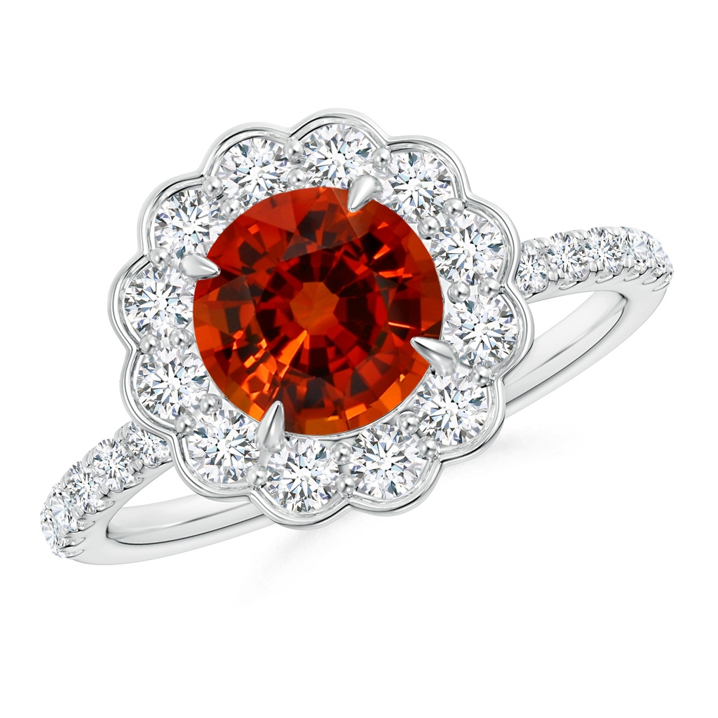 6x6mm AAAA GIA Certified Vintage Style Orange Sapphire Flower Ring with Diamond Accents in 18K White Gold