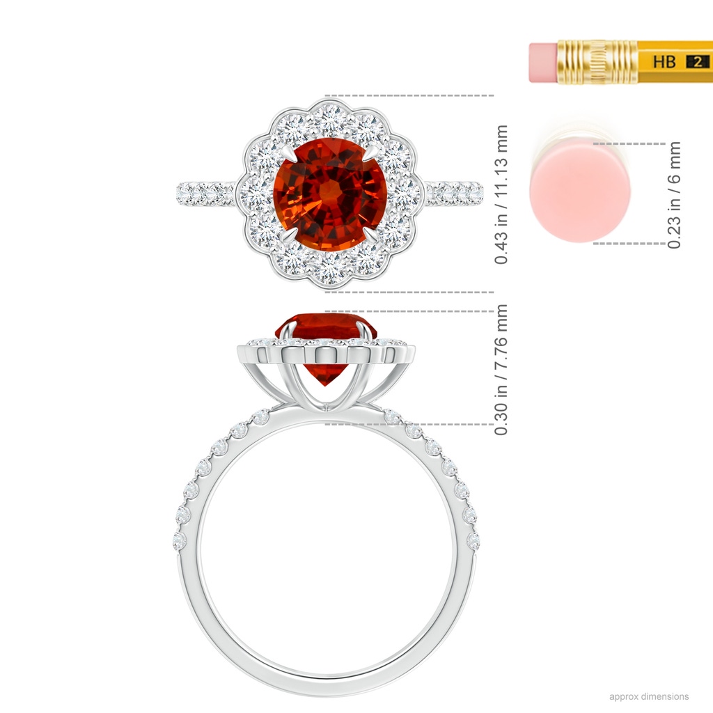 6x6mm AAAA GIA Certified Vintage Style Orange Sapphire Flower Ring with Diamond Accents in 18K White Gold Ruler