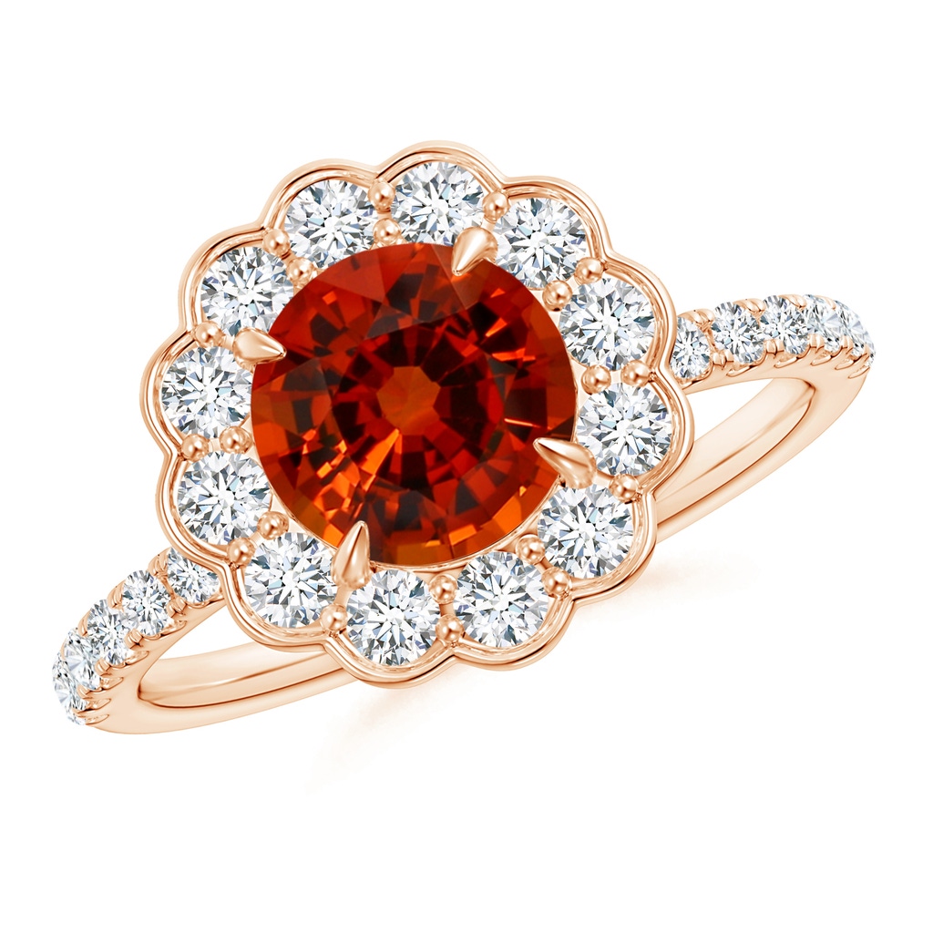 6x6mm AAAA GIA Certified Vintage Style Orange Sapphire Flower Ring with Diamond Accents in Rose Gold