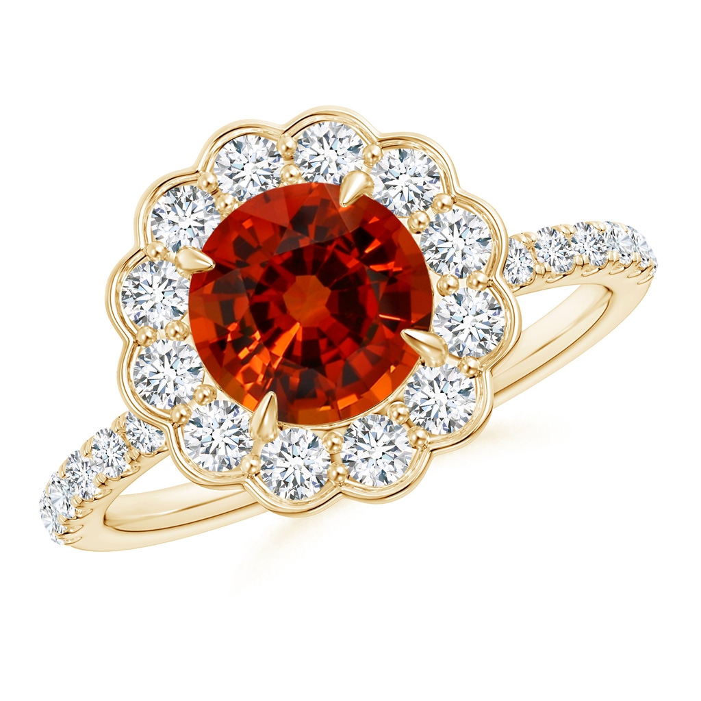 6x6mm AAAA GIA Certified Vintage Style Orange Sapphire Flower Ring with Diamond Accents in Yellow Gold