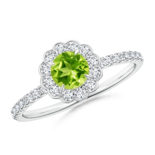 5mm AAA Vintage Style Peridot Flower Ring with Diamond Accents in White Gold