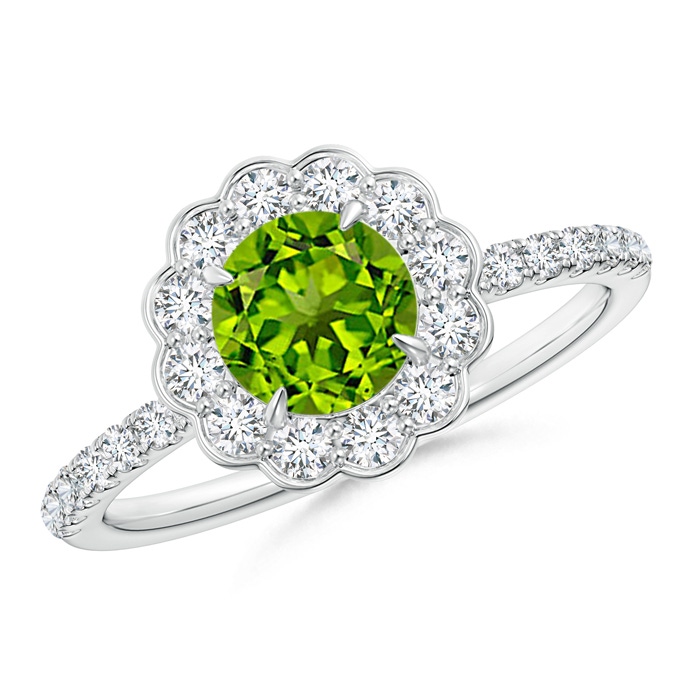 6mm AAAA Vintage Style Peridot Flower Ring with Diamond Accents in White Gold