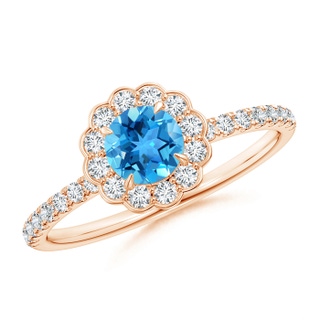 5mm AAA Vintage Style Swiss Blue Topaz Flower Ring with Diamonds in Rose Gold