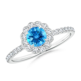 5mm AAAA Vintage Style Swiss Blue Topaz Flower Ring with Diamonds in P950 Platinum