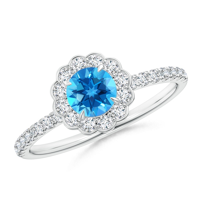 5mm AAAA Vintage Style Swiss Blue Topaz Flower Ring with Diamonds in White Gold