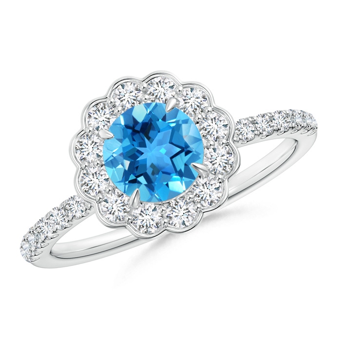 6mm AAA Vintage Style Swiss Blue Topaz Flower Ring with Diamonds in White Gold
