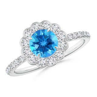 6mm AAAA Vintage Style Swiss Blue Topaz Flower Ring with Diamonds in P950 Platinum
