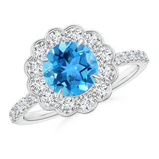 7mm AAA Vintage Style Swiss Blue Topaz Flower Ring with Diamonds in White Gold