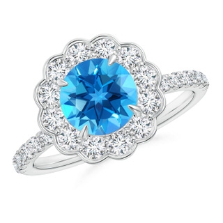 7mm AAAA Vintage Style Swiss Blue Topaz Flower Ring with Diamonds in P950 Platinum