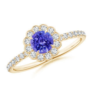 5mm AAAA Vintage Style Tanzanite Flower Ring with Diamond Accents in Yellow Gold
