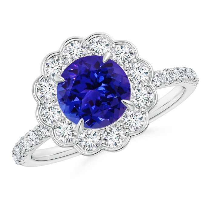 7mm AAAA Vintage Style Tanzanite Flower Ring with Diamond Accents in White Gold 