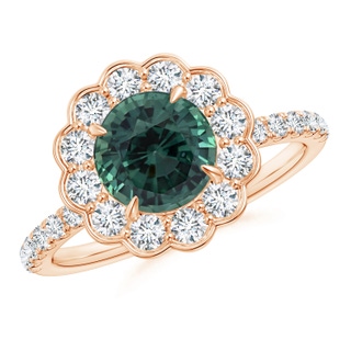 7.50-7.57x5.13mm AAA Vintage Style GIA Certified Teal montana sapphire Flower Ring with Diamonds in 10K Rose Gold