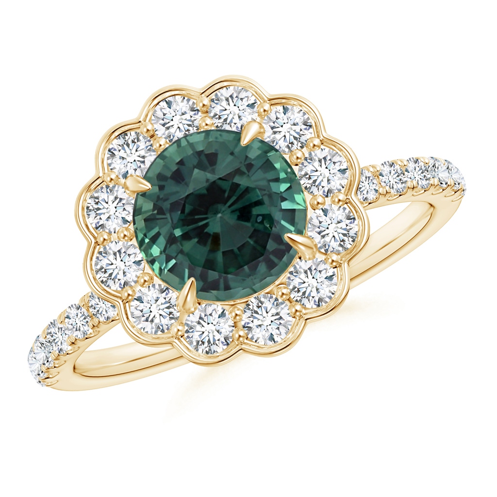 7.50-7.57x5.13mm AAA Vintage Style GIA Certified Teal montana sapphire Flower Ring with Diamonds in Yellow Gold