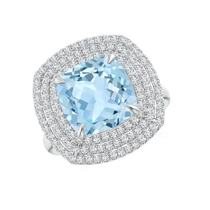 10mm AAA Triple Halo Cushion Aquamarine Cocktail Ring in White Gold