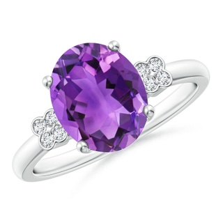 10x8mm AAA Solitaire Oval Amethyst Ring with Diamond Floral Accent in P950 Platinum