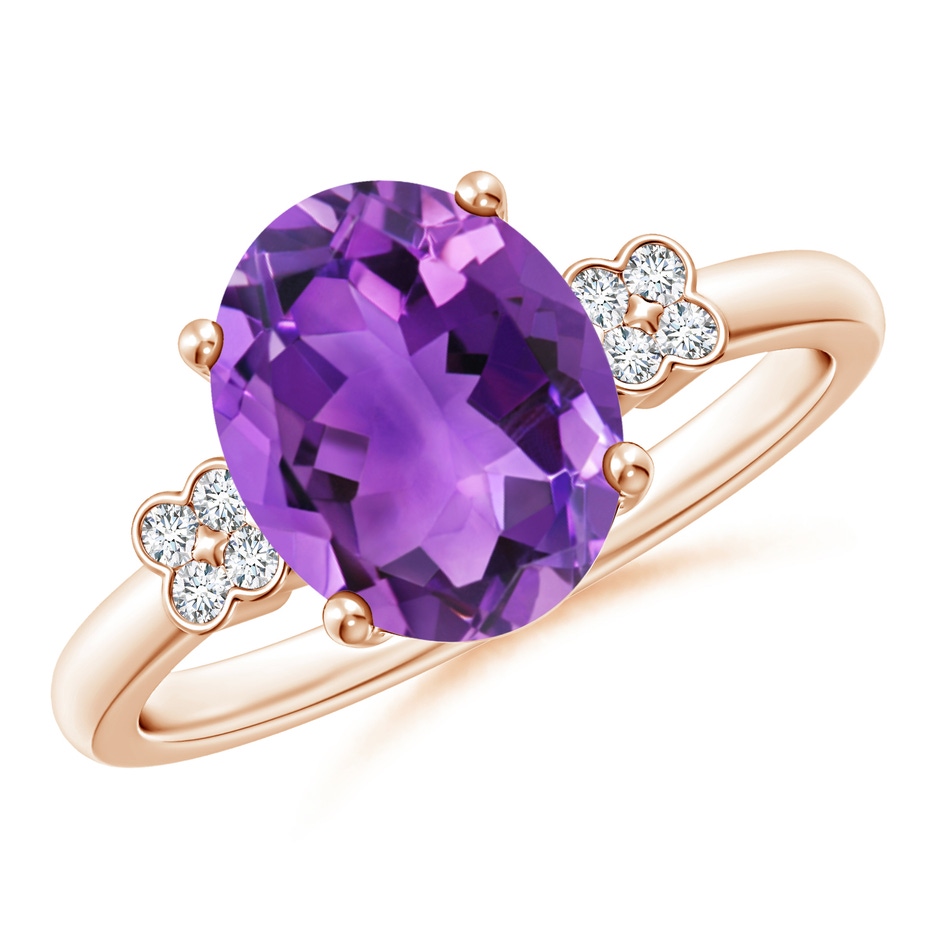 10x8mm AAA Solitaire Oval Amethyst Ring with Diamond Floral Accent in Rose Gold 