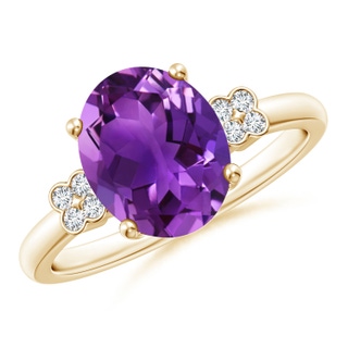 10x8mm AAAA Solitaire Oval Amethyst Ring with Diamond Floral Accent in 9K Yellow Gold