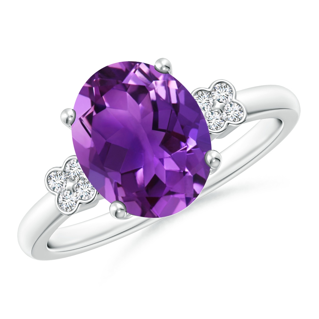 10x8mm AAAA Solitaire Oval Amethyst Ring with Diamond Floral Accent in White Gold 