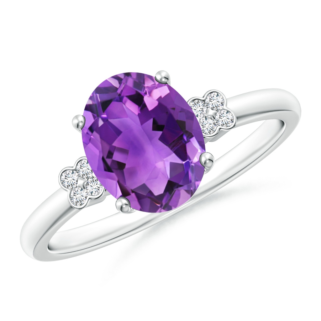 9x7mm AAA Solitaire Oval Amethyst Ring with Diamond Floral Accent in White Gold