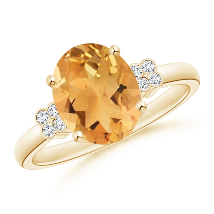 10x8mm A Solitaire Oval Citrine Ring with Diamond Floral Accent in Yellow Gold 