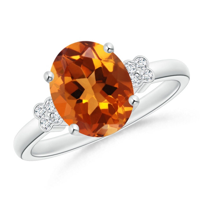 10x8mm AAAA Solitaire Oval Citrine Ring with Diamond Floral Accent in White Gold 