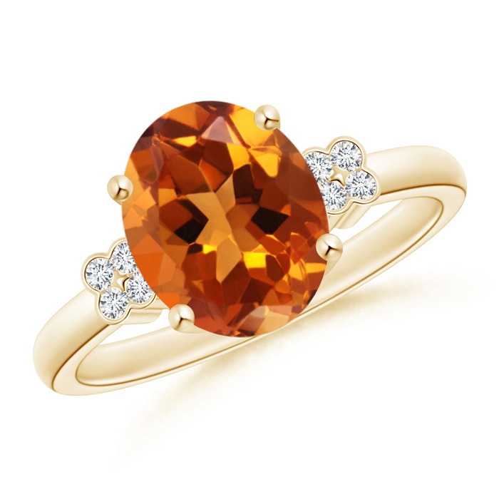 10x8mm AAAA Solitaire Oval Citrine Ring with Diamond Floral Accent in Yellow Gold