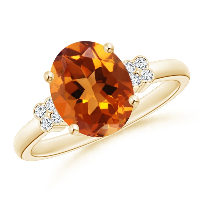 10x8mm AAAA Solitaire Oval Citrine Ring with Diamond Floral Accent in Yellow Gold 