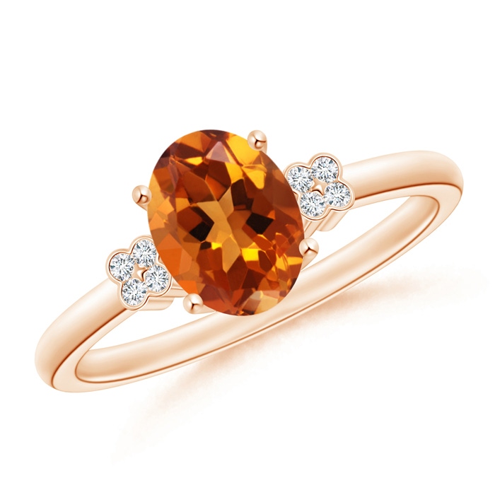 8x6mm AAAA Solitaire Oval Citrine Ring with Diamond Floral Accent in 9K Rose Gold 