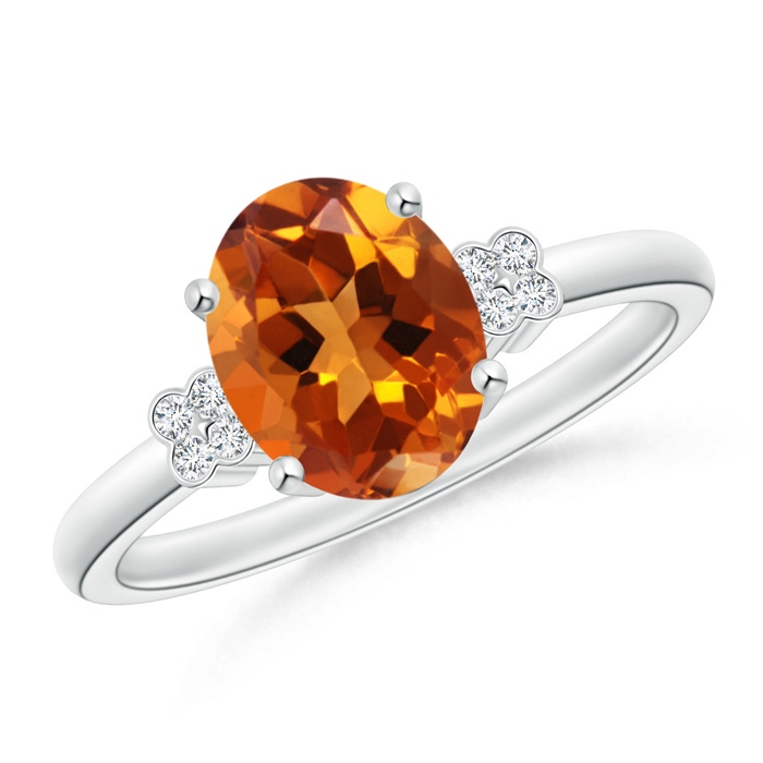 9x7mm AAAA Solitaire Oval Citrine Ring with Diamond Floral Accent in White Gold